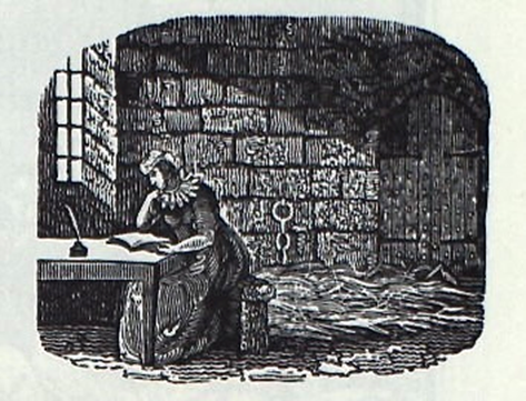 Eighteenth-century woodcut showing a woman in a prison cell